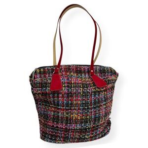 O Bag Tweed Fabric Tote‎ Bag Red Velvet Handles Medium Ready to Use Boho EUC